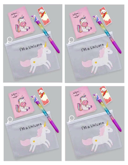 Unicorn Gift Set Of Clear Folder Pouch , A6 Diary , Pen And Bookmark (Pack Of 4) - HalfPe