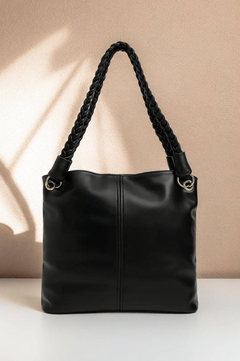 Black Braided Handle Slouch Tote with Charm Pouch