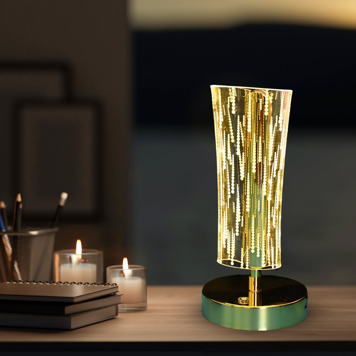 Luxury Crystal Table Lamp with Golden Base & Elegant Cylindrical LED Design with USB Rechargeable Decorative