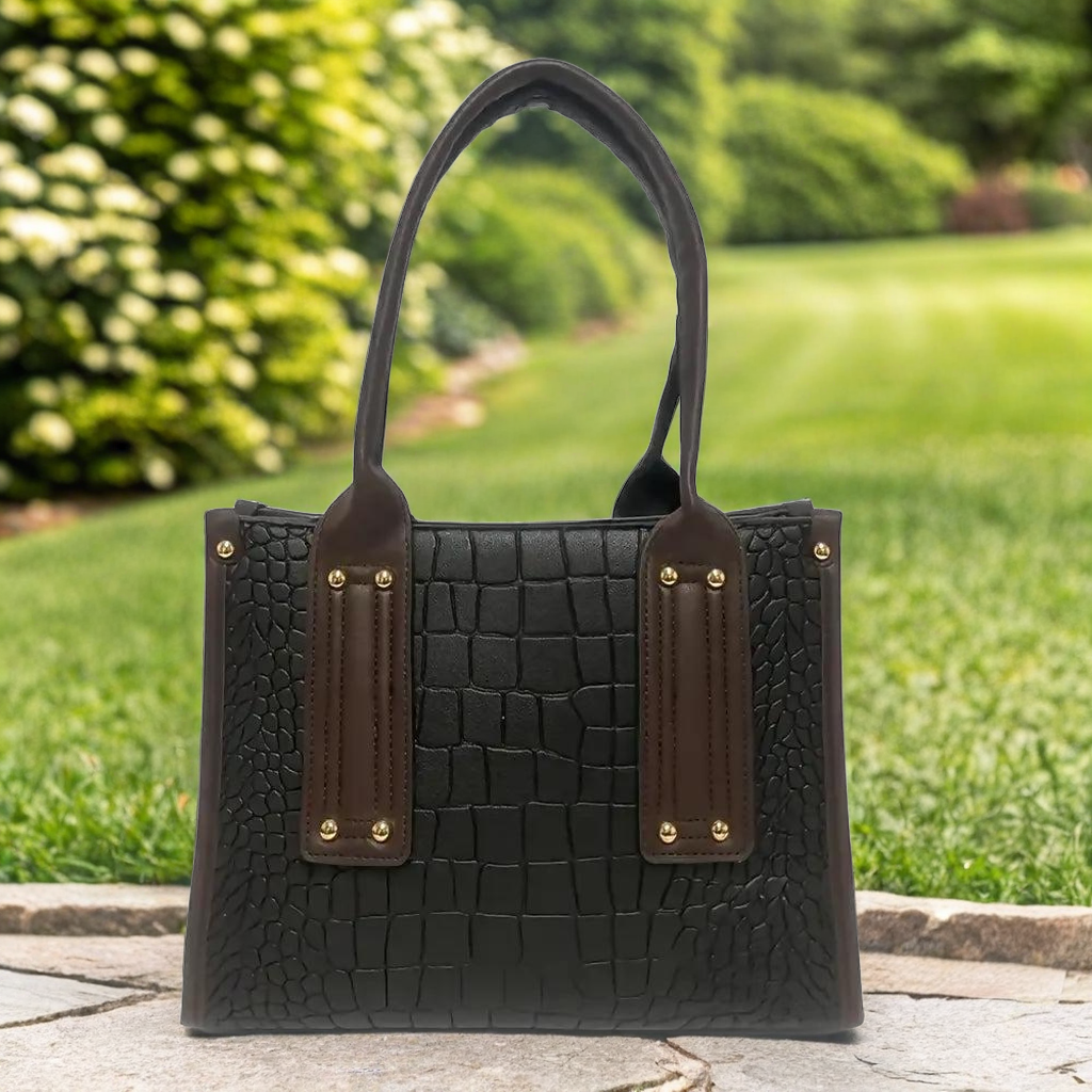 Crocodile Embossed Beige Handbag with Brown Handles