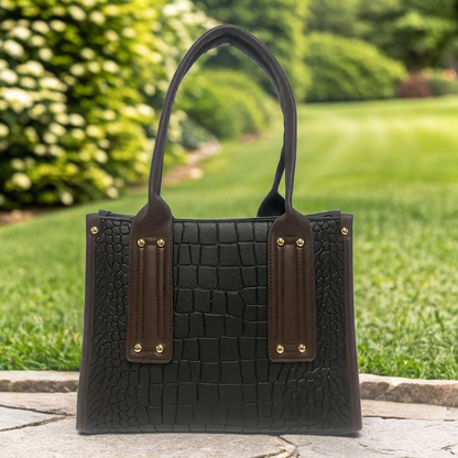 Crocodile Embossed Beige Handbag with Brown Handles