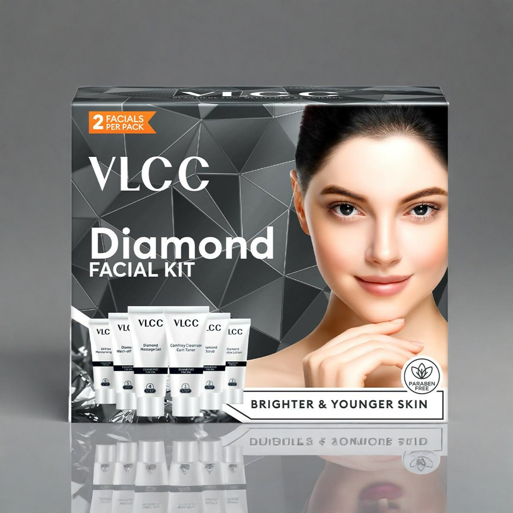 VLCC Diamond Facial Kit - 60g | Purifying with Parlour Glow | Improves Elasticity, Brightens and Helps Lighten Patchy, Damaged Skin | with Colloidal Diamond, Aloe Vera, Jojoba & Olive Oil