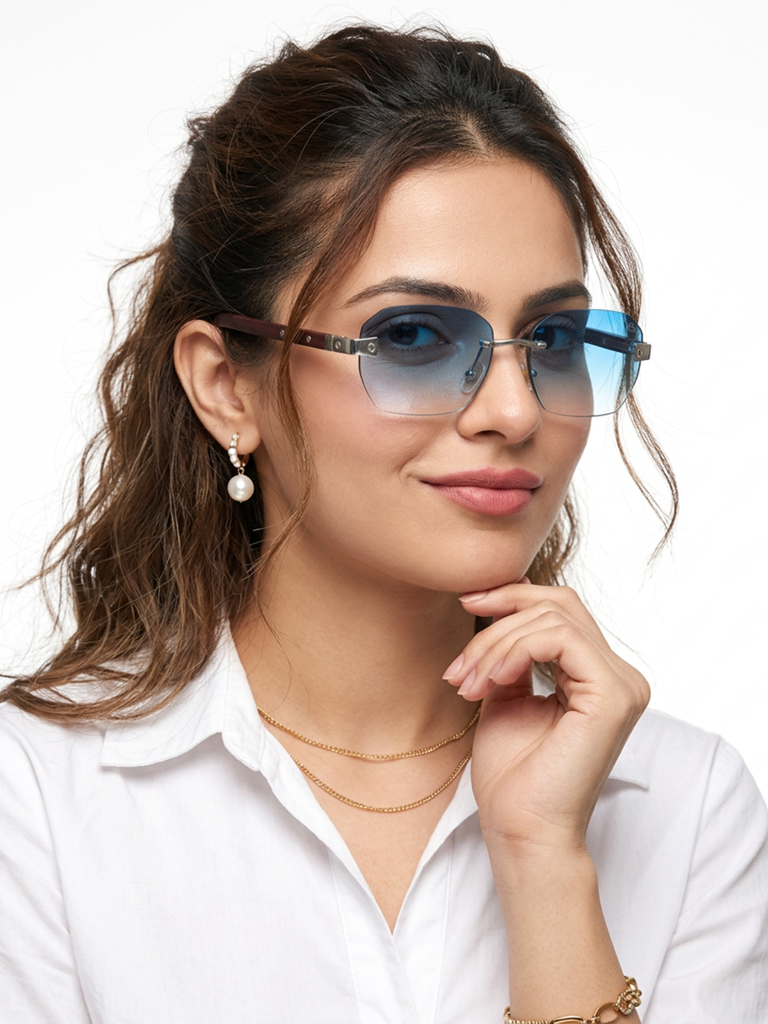 Essence Amber Silver Rimless Sunglasses for Men and Women - worn by a male model (image 3)