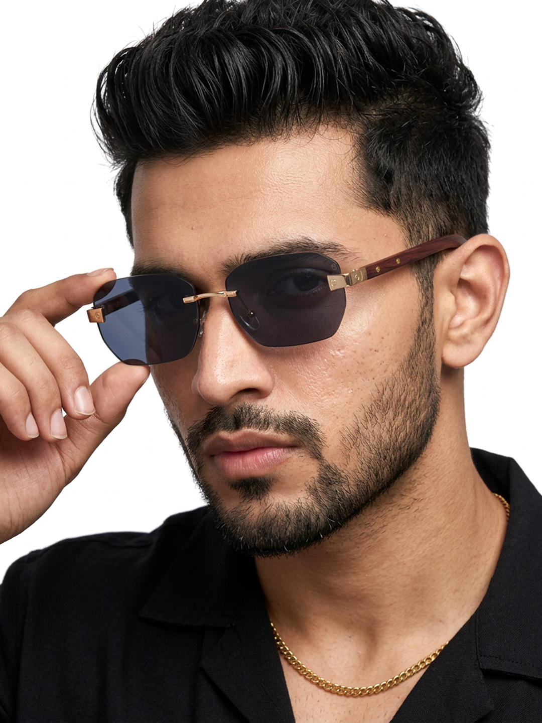 Essence Amber Golden Rimless Sunglasses for Men and Women - Style 2547 - worn by a male model (image 1)