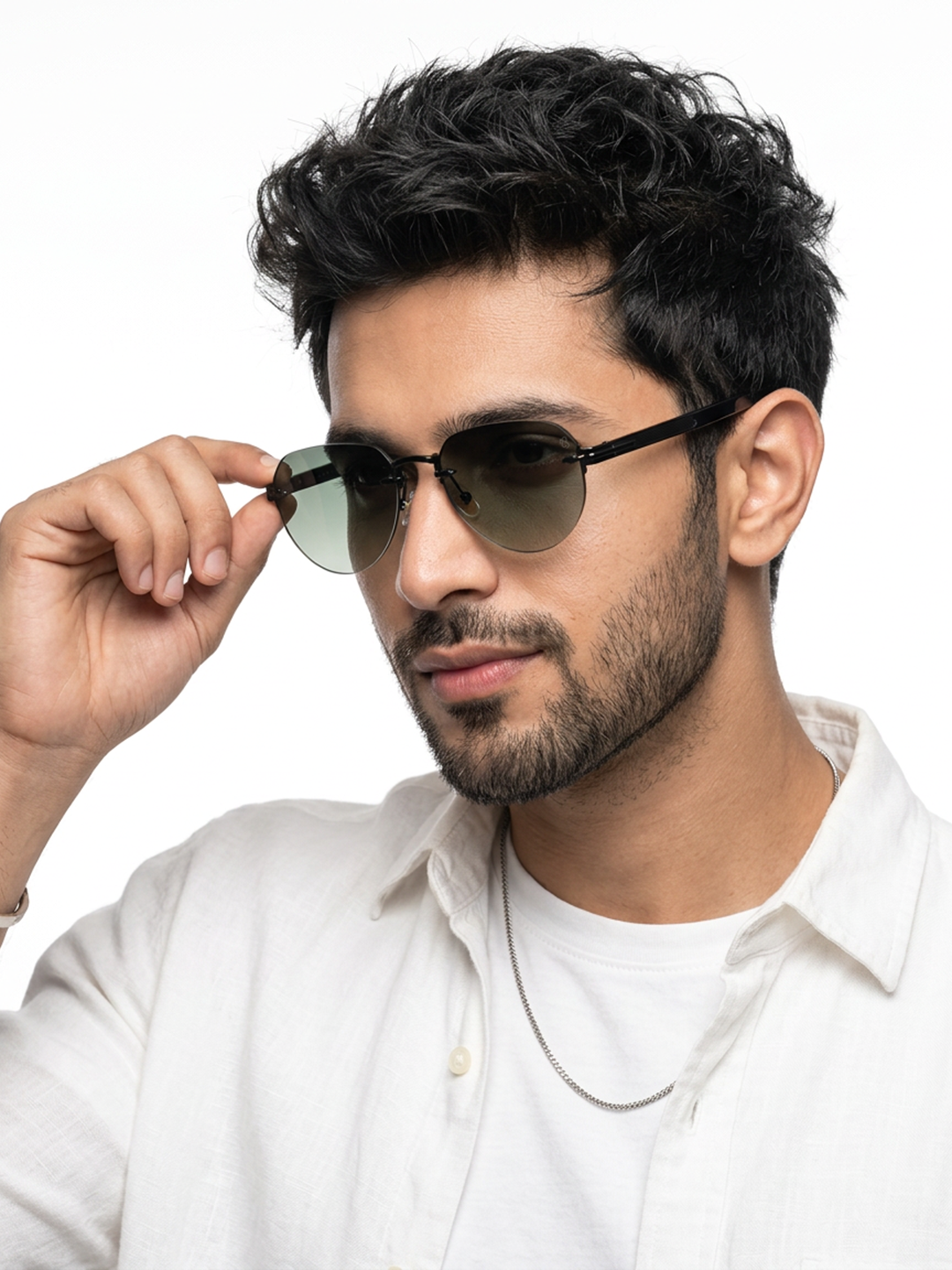 Essence Crown Black Rimless Sunglasses for Men and Women - worn by a male model (image 1)