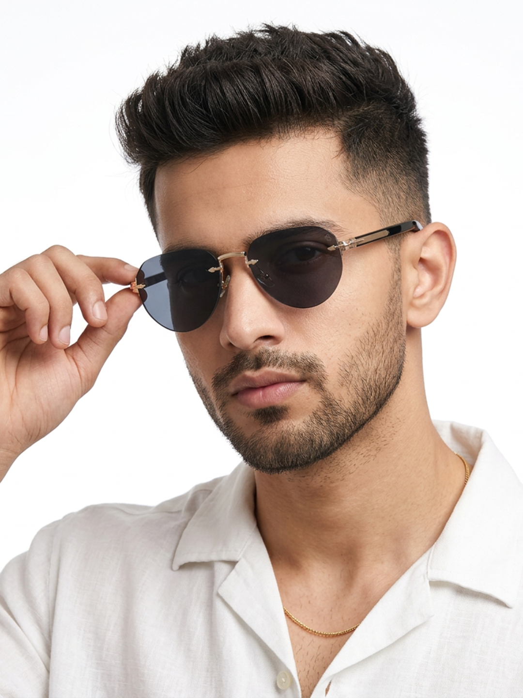 Essence Crown Golden Rimless Sunglasses for Men and Women - Style 2534 - worn by a male model (image 1)