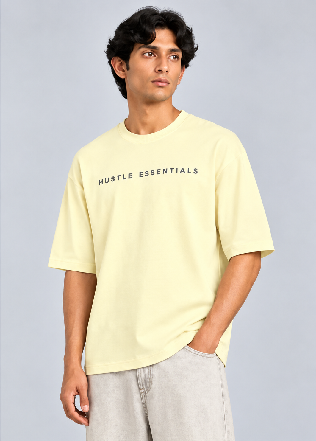 HUSTLE Men's Crew Neck Oversized Tees - Cream