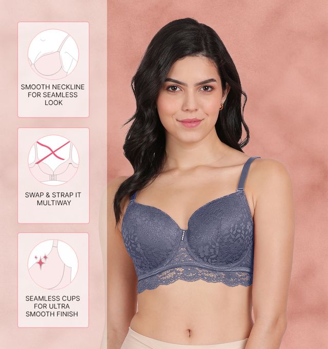 Susie 3/4th coverage Azurine Blue Lace Bottom Adjustable MultiwayDetachable Padded Wired Bra