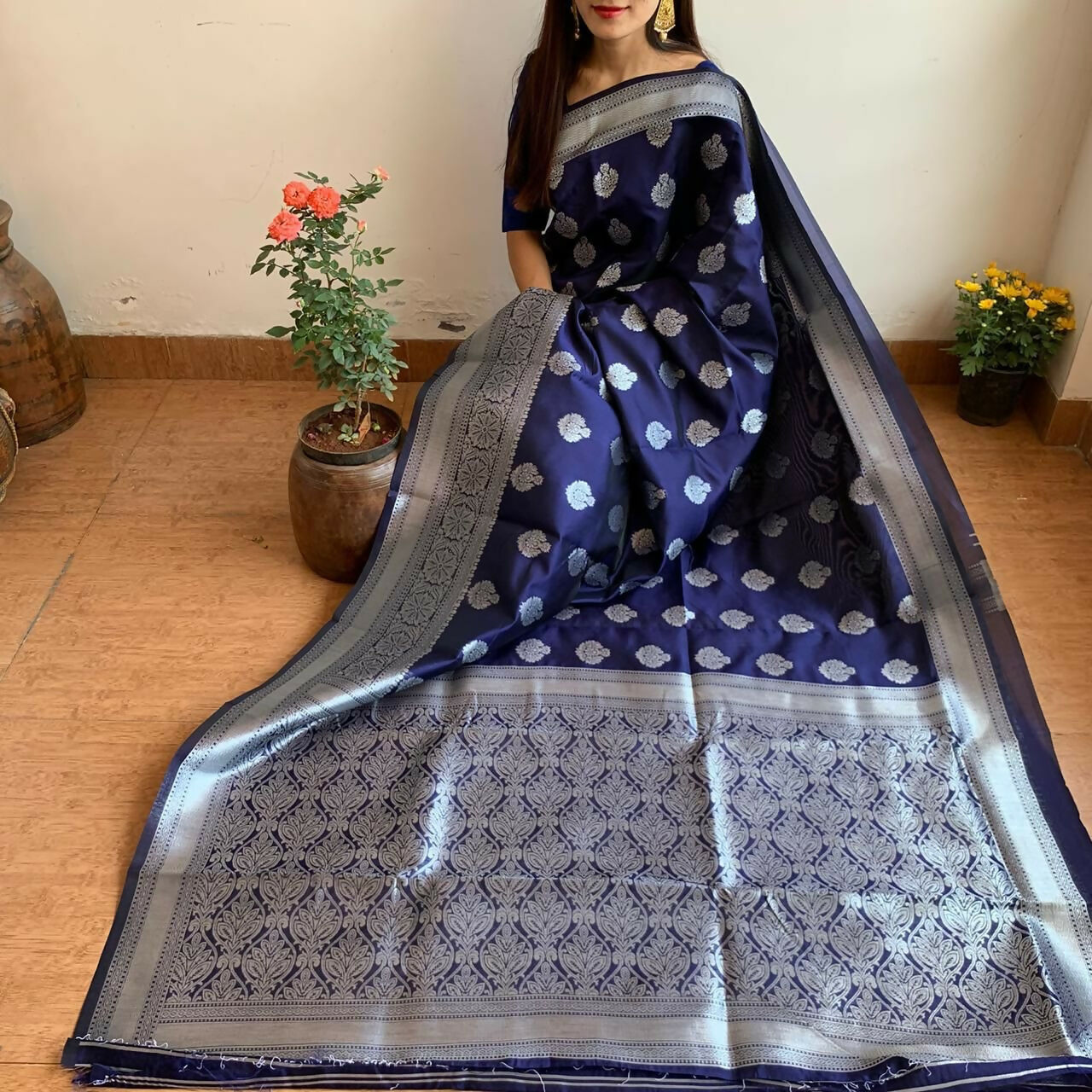 AXONIT Banarasi Silk Saree for Women with Silver Zari Work for Wedding Wear