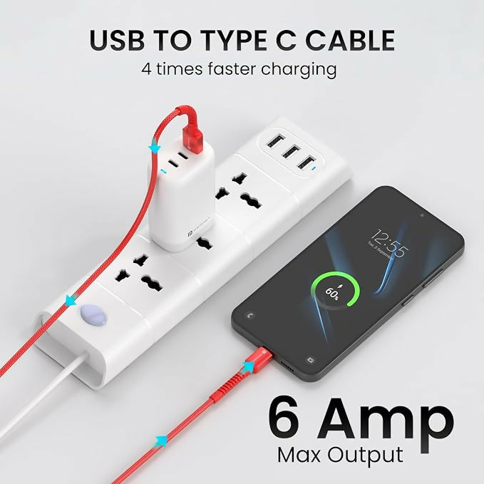 Portronics Konnect X 60W 6A USB-A to Type-C Fast Charging Cable | 1M Nylon Braided Cable for OnePlus, Oppo, iPhone 15 & Type-C Devices(RED)