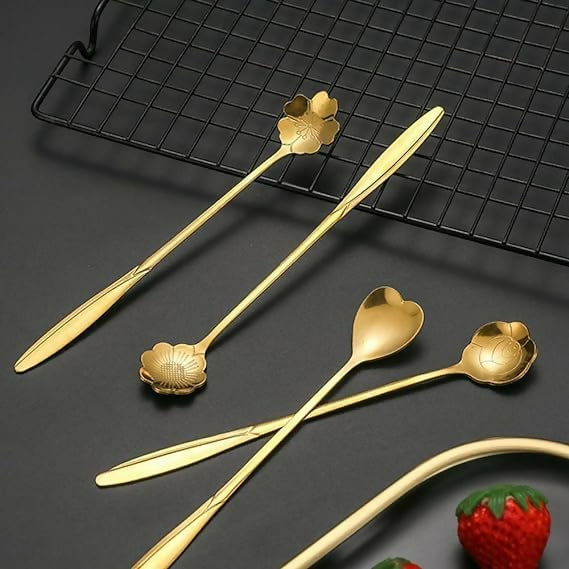 Golden Spoon Set/Coffee Spoon/Dessert Spoons/Cutlery Kitchen Tableware/Stainless Steel Gold Different Shape Coffee Spoons, Set of 4 Pcs,24 Centimeter