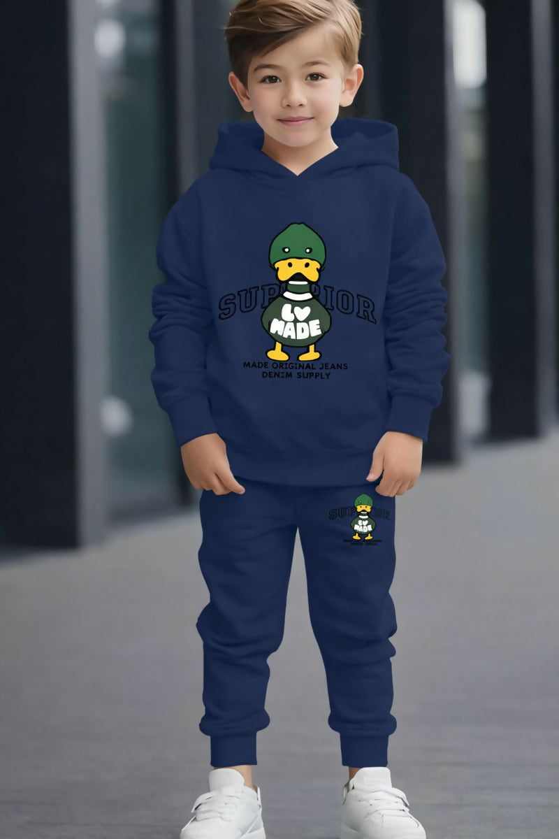 Boys Navy Blue Hoodie & Jogger Set with Cartoon Print Luck Fashion