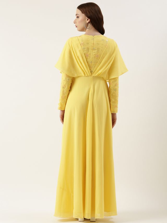 Bollywood Vogue Ready To Wear Yellow Georgette Embroidered Gown