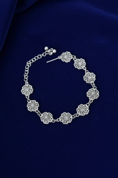 Oxidized Silver Floral Design Bracelet for Women and Girls (Black,Free,1) SUPER
