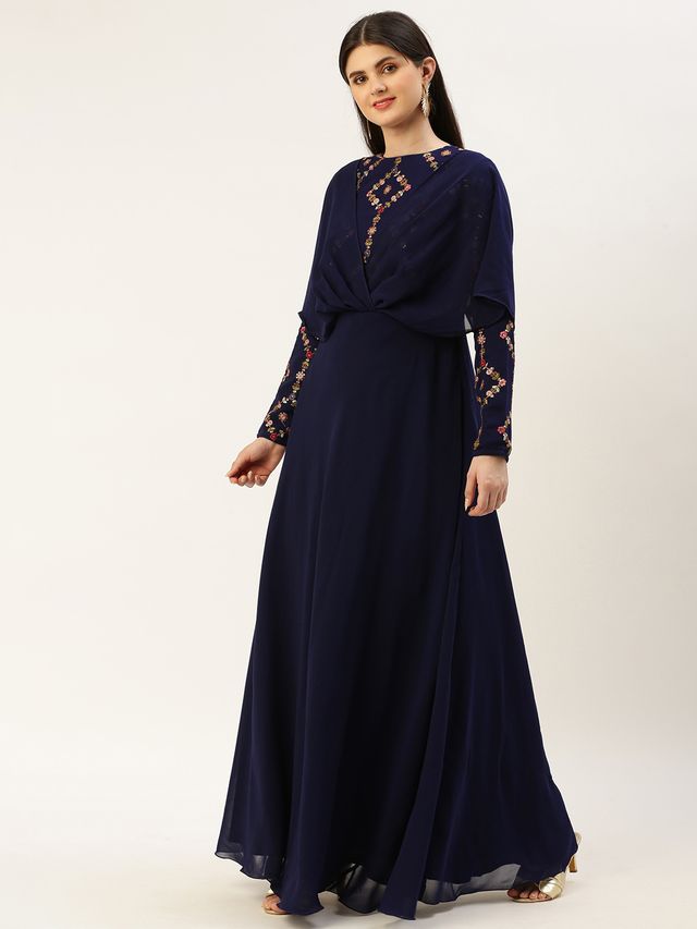 Bollywood Vogue Ready To Wear Royal Blue Georgette Embroidered Gown