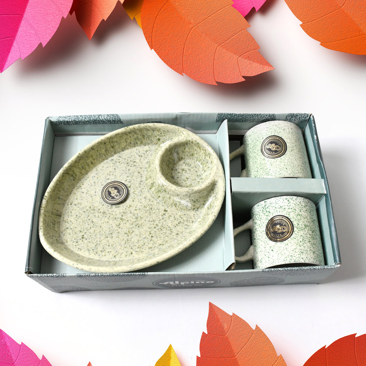 Alpino Ceramic Tea  Cups Set With Plastic Serving 2 Compartment Platter Milk Cup  Mug Coffee Cup Tea Cup Bpa Free Food Grade Or Outdoor For Household Gift For Birthday (3 Pcs Set)