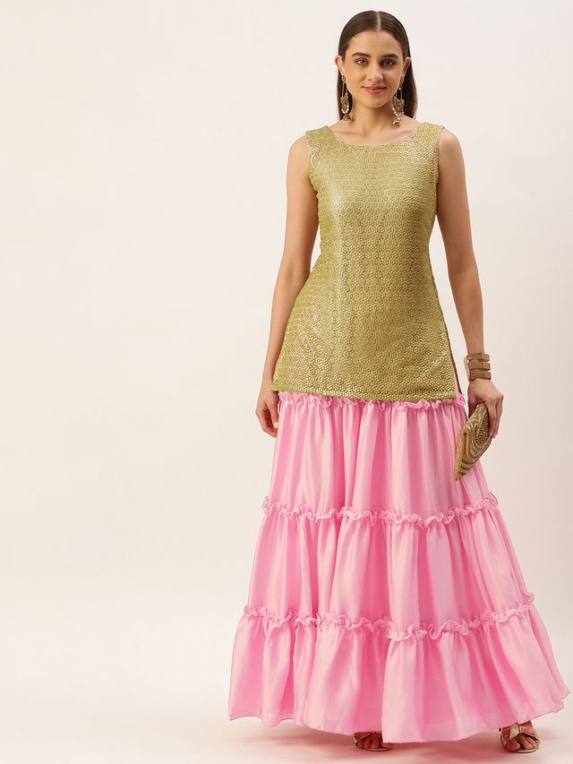 Bollywood Vogue Ready To Wear Beige Net Beads Embroidery Skirt and Top