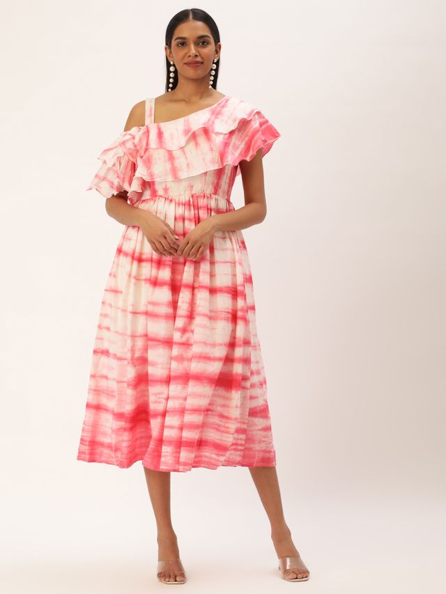 Bollywood Vogue Ready To Wear Pink Tie N Dye Ruffled Dress