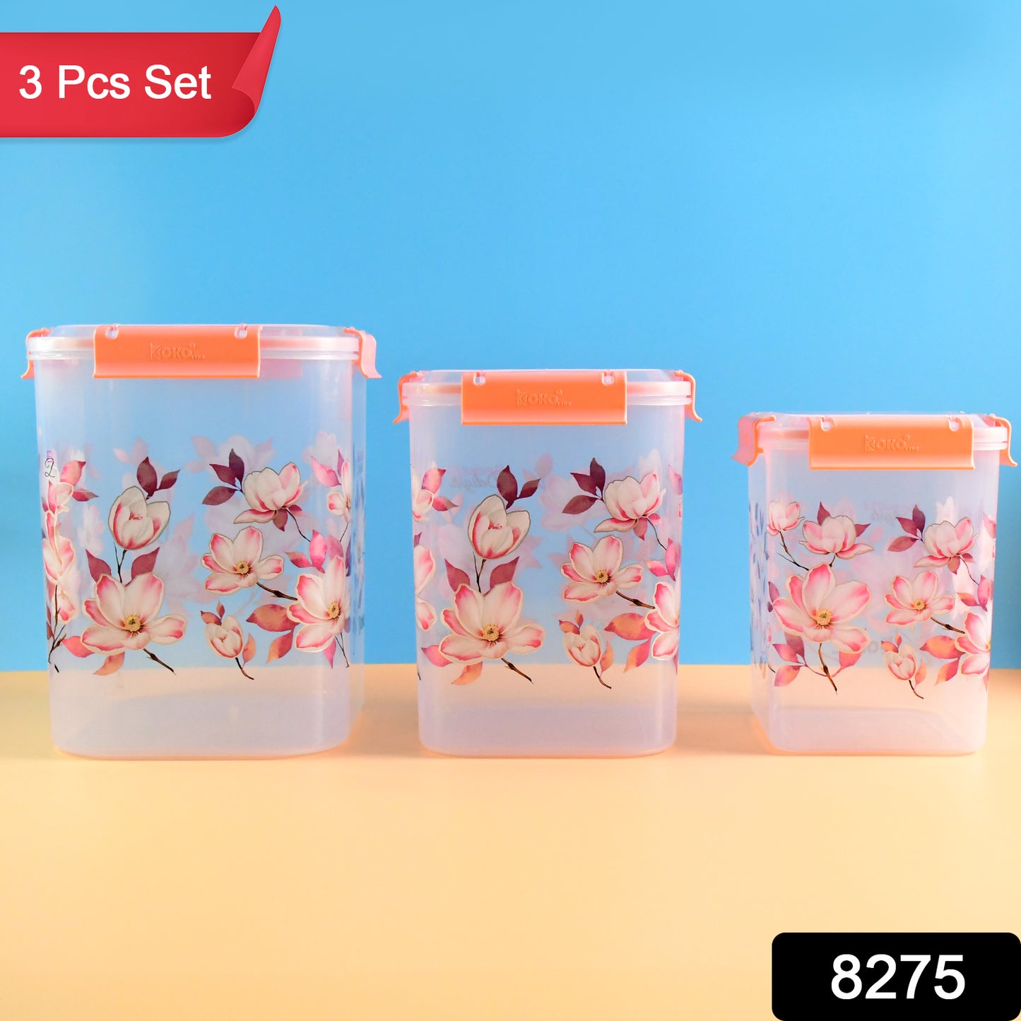 Square 3 Pcs Floral Printed Airtight Storage Container Set  Approx  (3 Pcs Set)