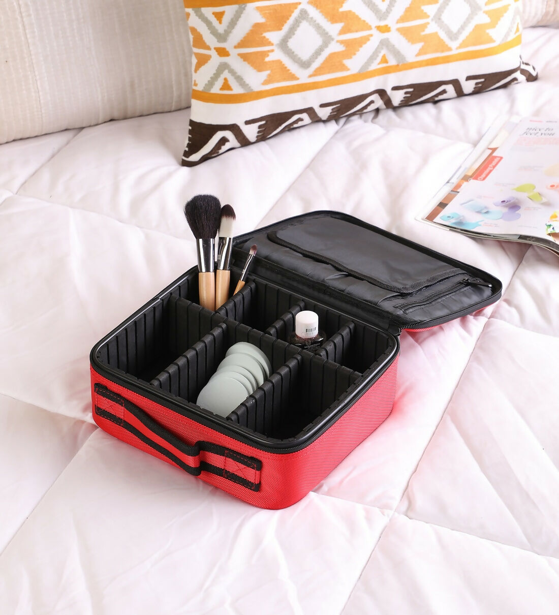 7 Compartments Storage Leather Make Up Organisers (Red, TPT)