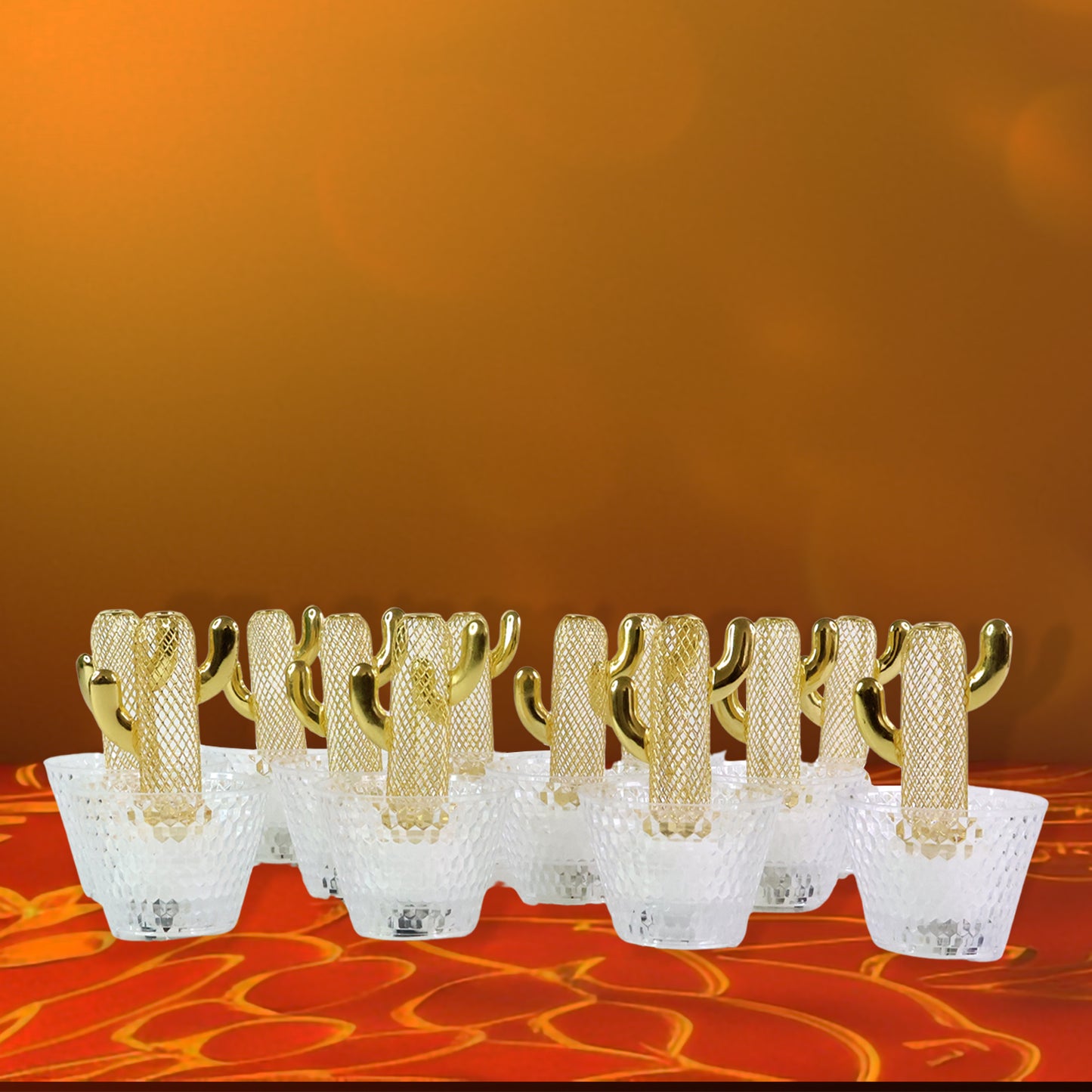 Decorative Cactus Shape LED Tealight Candles with Transparent Cup Holders (12 Pc)