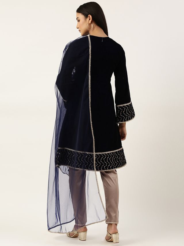 Bollywood Vogue Ready To Wear Blue Velvet Embroidered Straight Pant Suit