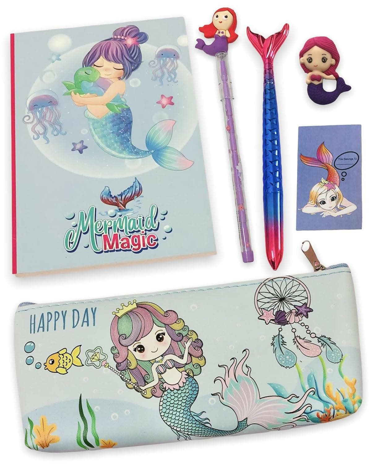 Mermaid Theme Diary Notebook , Pouch , Pen , Pencil , Eraser & Bookmark - HalfPe