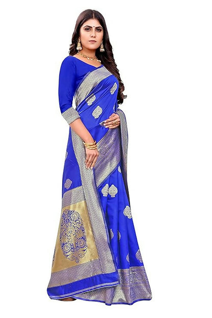 AXONIT Jacquard Silk Saree with Heavy Golden Zari Butta & Antique Gold Border