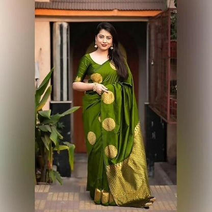 AXONIT Traditional Banarasi Silk Saree with Golden Zari Border & Pallu