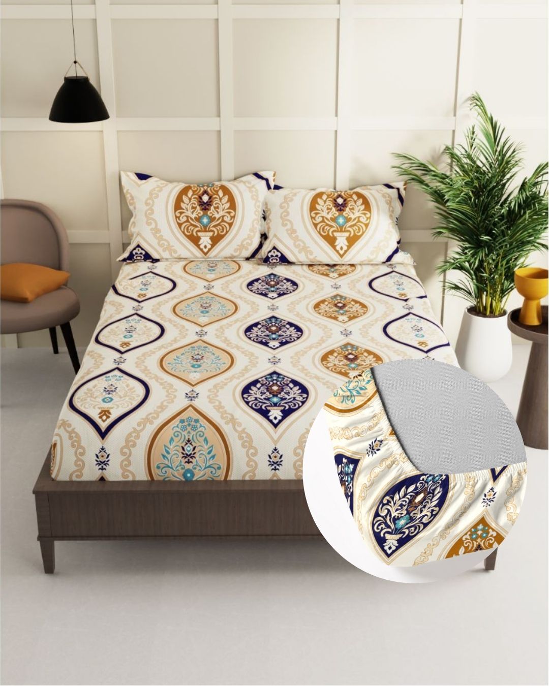 Fantasy Collection Premium Cotton 200 TC Fitted Queen Bedsheet with 2 Pillow Covers - Off-White