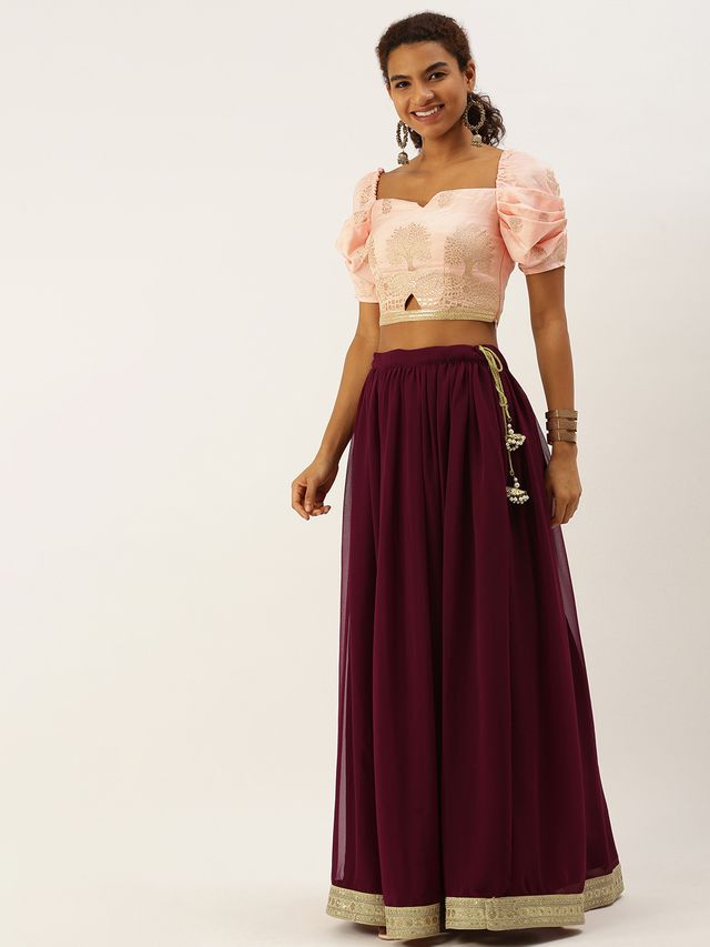 Bollywood Vogue Ready To Wear Pink Jacquard N Burgundy Georgette Lehenga