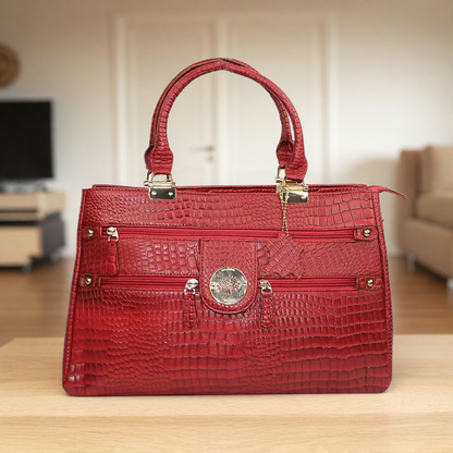 Luxury Croc-Embossed Handbag with Gold Accents – Stylish & Spacious