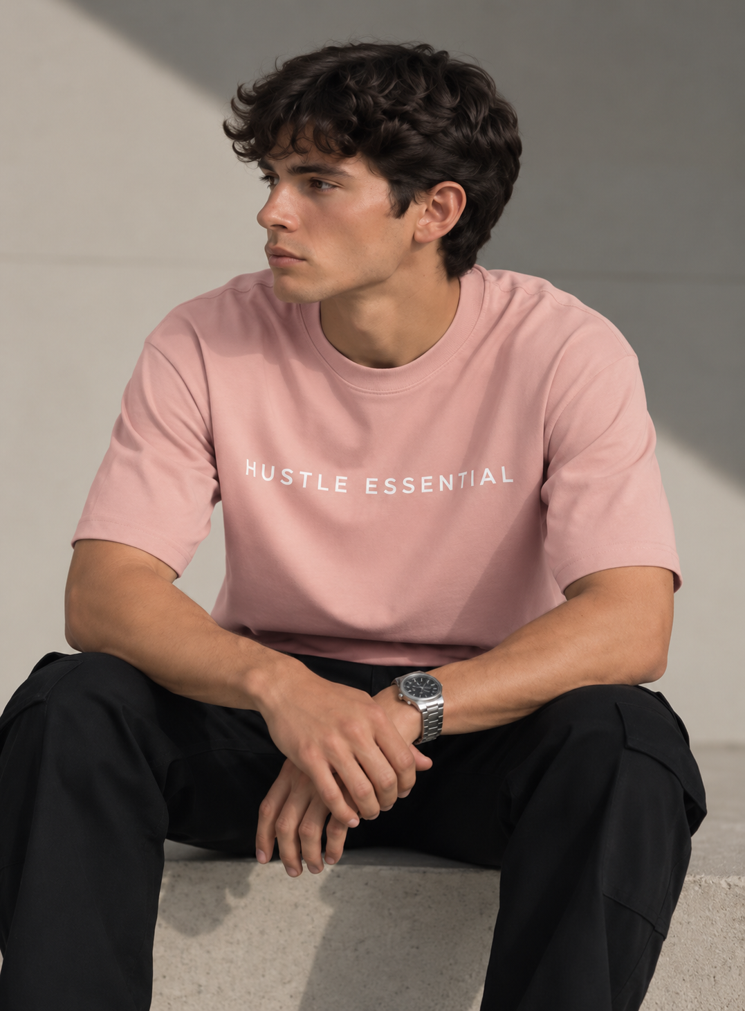 HUSTLE Men's Crew Neck Oversized Tees - Pink