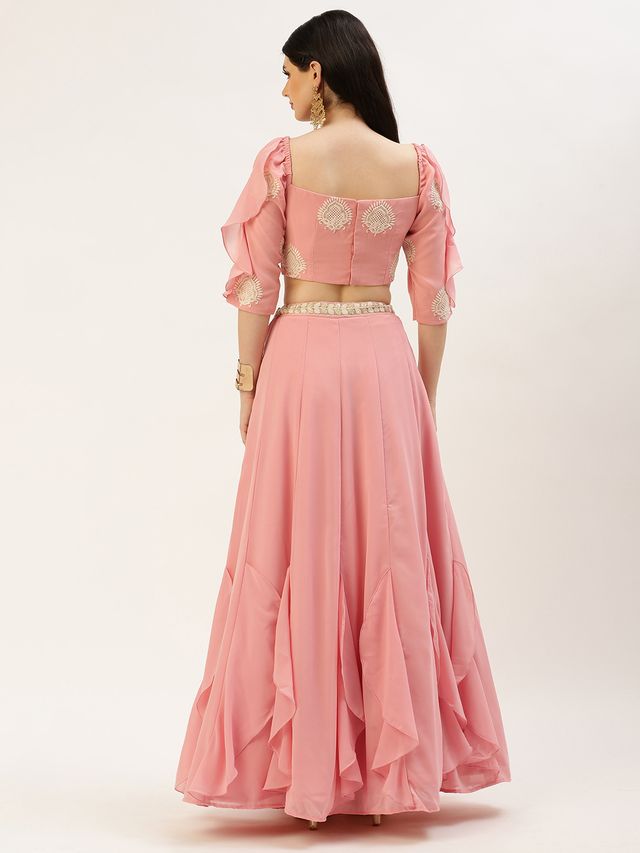 Bollywood Vogue Ready To Wear Pink Embroidered Ruffles Style Skirt Set
