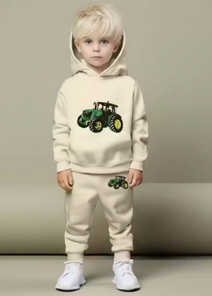 Kids Hooded Sweatshirt & Jogger Set – Green Tractor Print Casual Wear (Cream) Luck Fashion