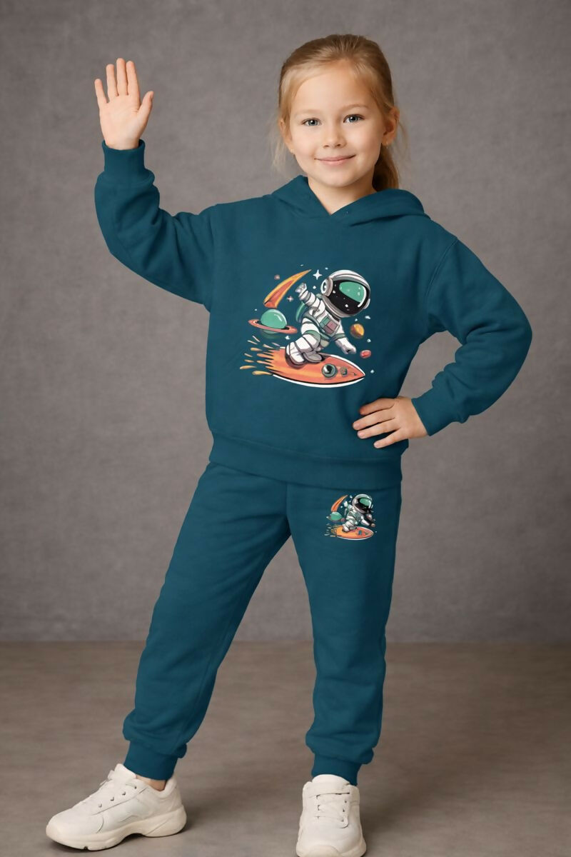 Girls' Blue Cotton Blend Hoodie & Jogger Set – Surfing Astronaut Space Adventure Tracksuit (Ages 0-7 Years) Luck Fashion