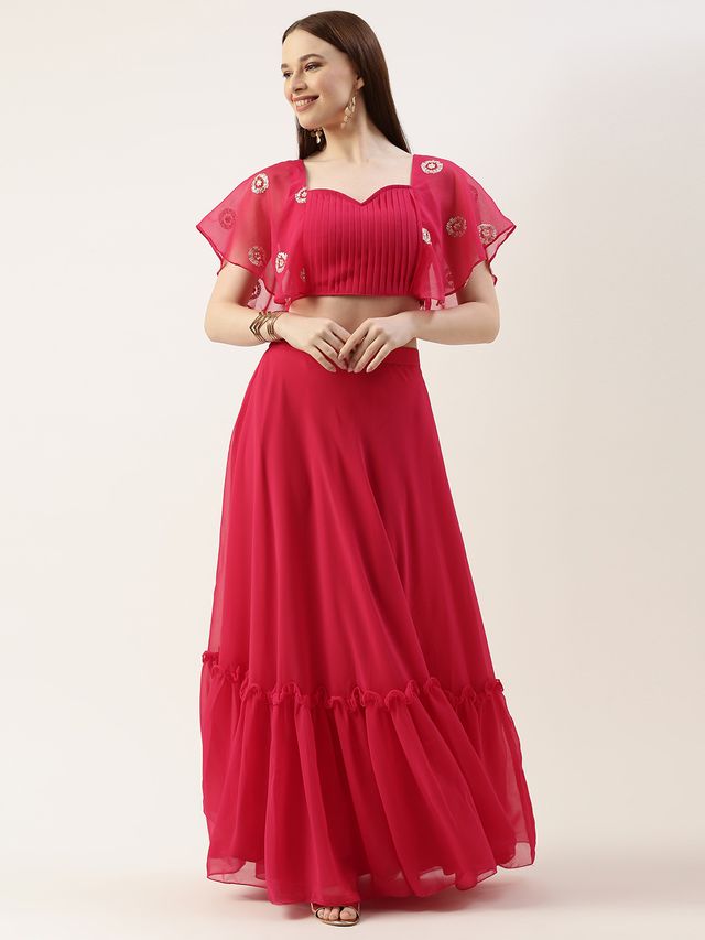 Bollywood Vogue Ready To Wear Hot Pink Georgette Embroidered Crop Top Skirt Set