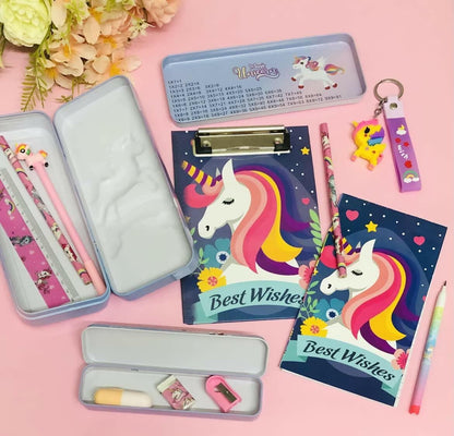 Unicorn Notepad Clipboard With Diary , Pen , Pencil , Eraser , Sharpener , Unicorn Geometry Box With Keychain - HalfPe