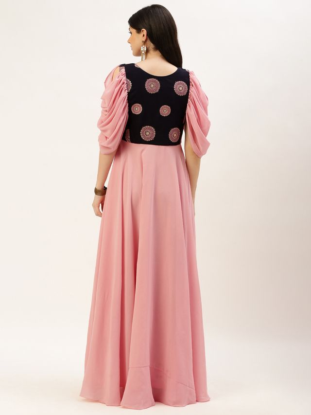 Bollywood Vogue Ready To Wear Navy Blue Embroidered Round Neck Gown