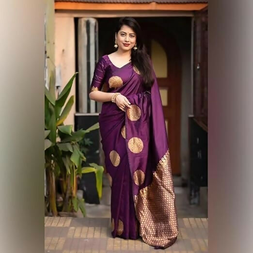 AXONIT Traditional Banarasi Silk Saree with Golden Zari Border & Pallu