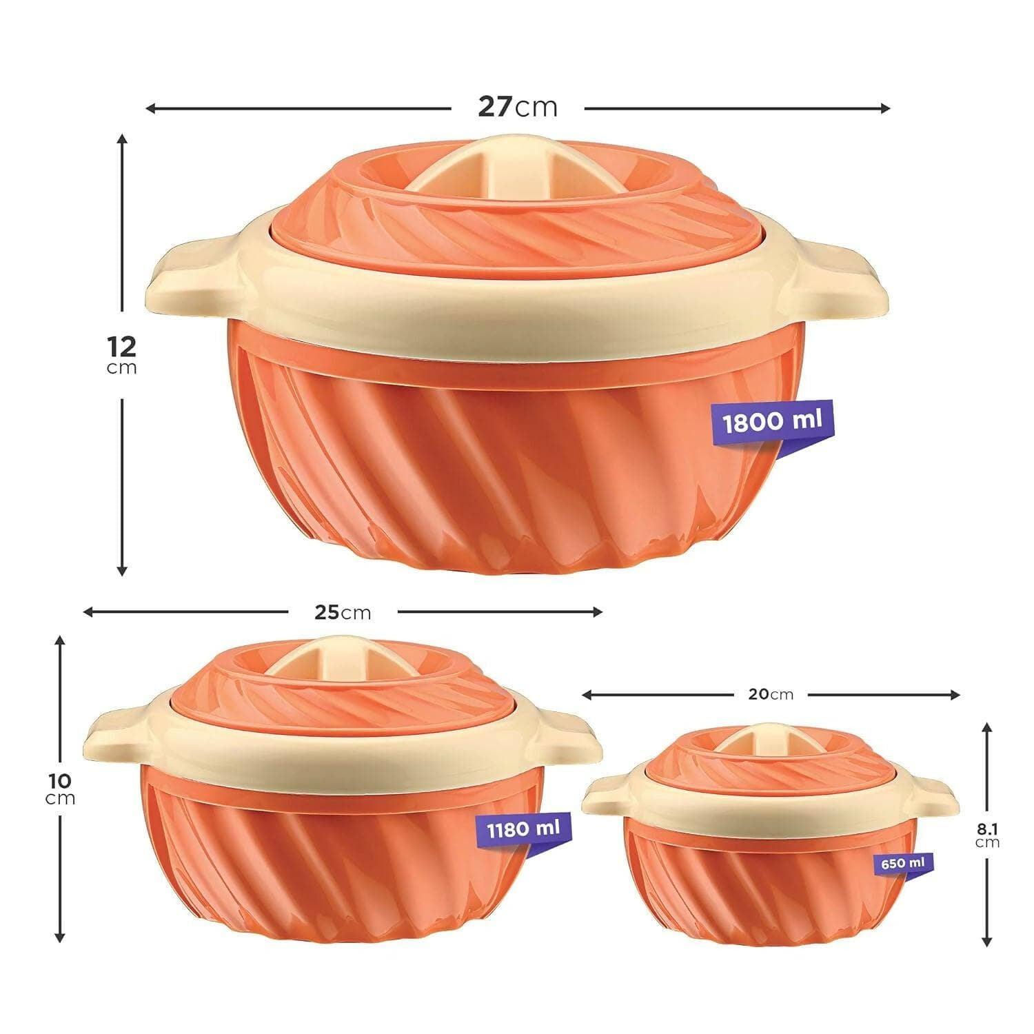 SELVEL Insulated Casserole Set of 3 - (1800 ml, 1180 ml and 650 ml Orange) - HalfPe