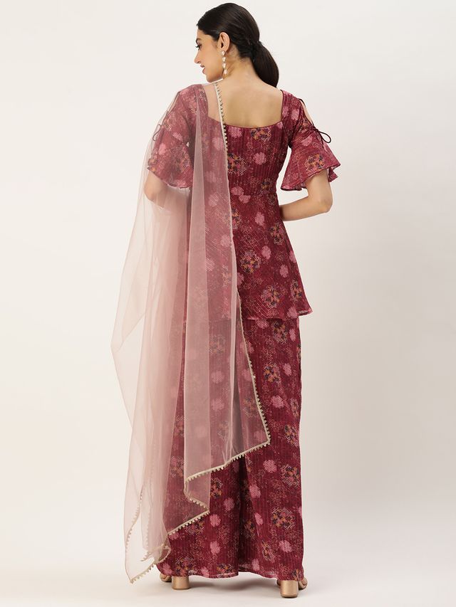 Bollywood Vogue Ready To Wear Wine Georgette Digital Printed Palazzo Suit