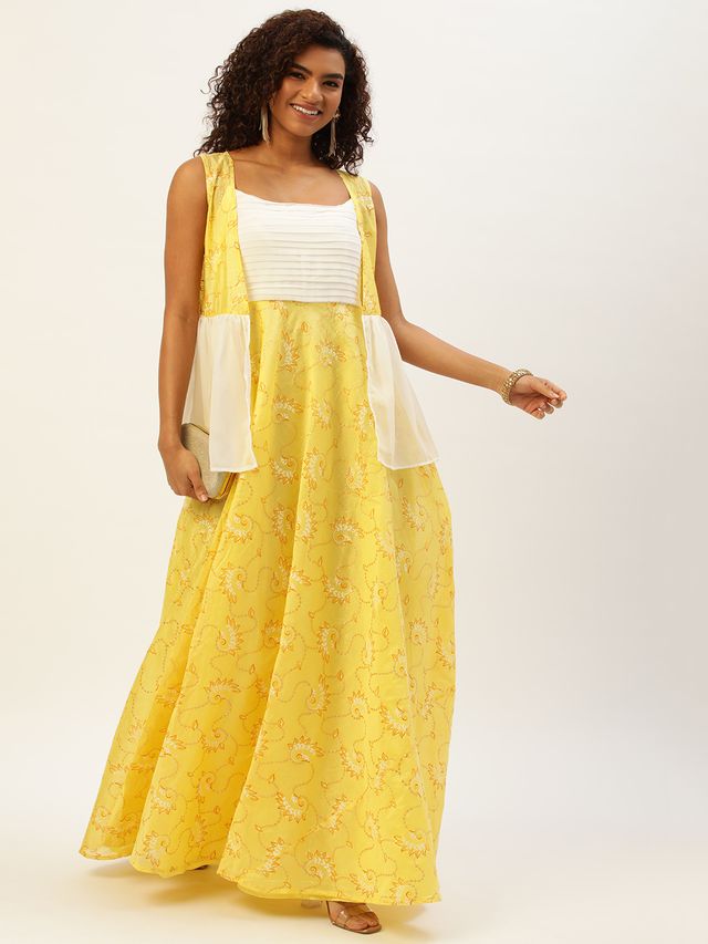 Bollywood Vogue Ready To Wear Off White N Yellow Foil Printed Gown