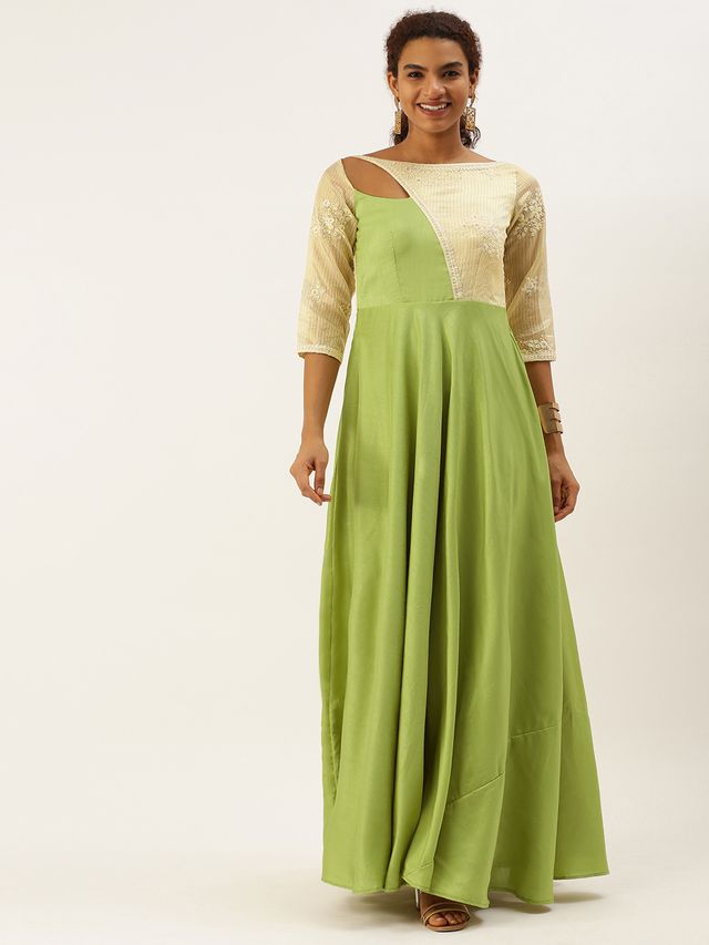 Bollywood Vogue Ready To Wear Olive Green N Off White Art Silk Embroidered Gown