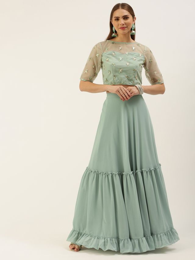 Bollywood Vogue Ready To Wear Light Peach N Green Embroidered Crop Top N Skirt