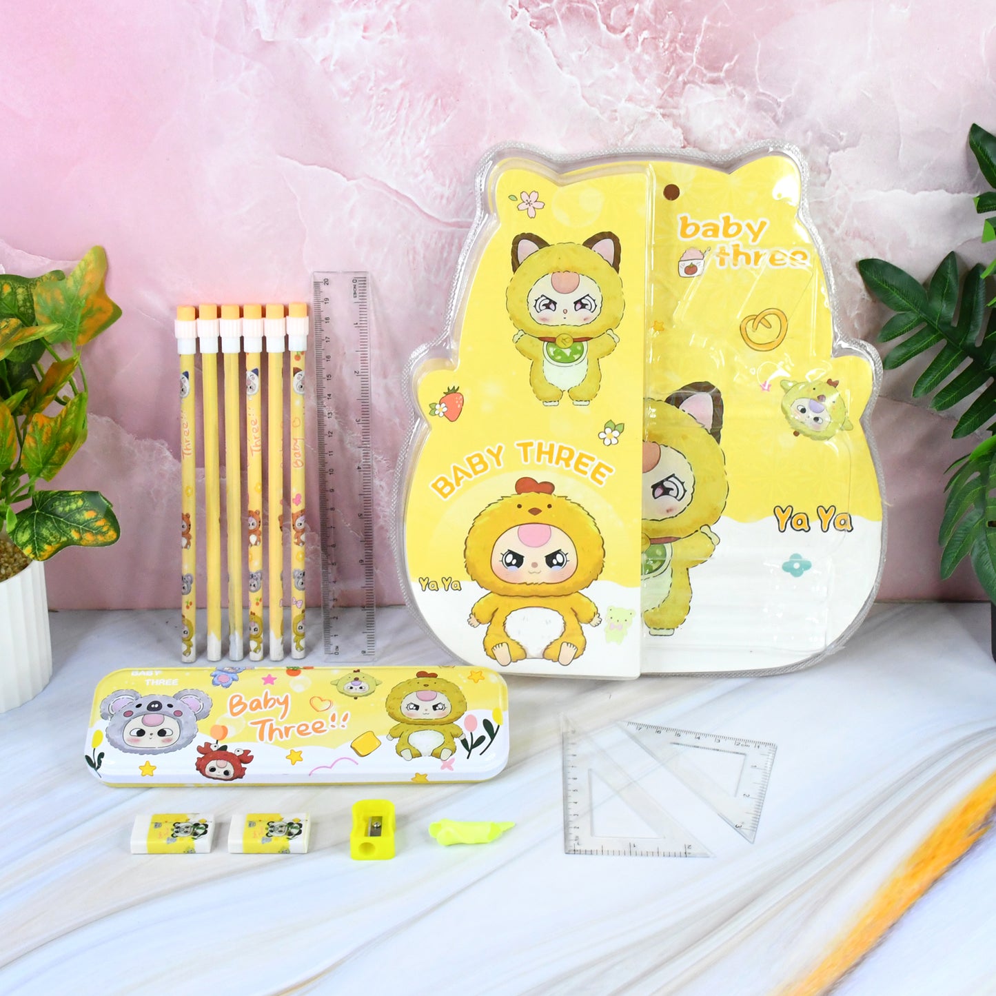 Complete Stationery Geometry Box Set with Pencils, Erasers, Sharpener, Scale, Geometrical Instruments, and Cartoon Printed Metal Pencil Box(1 Set)