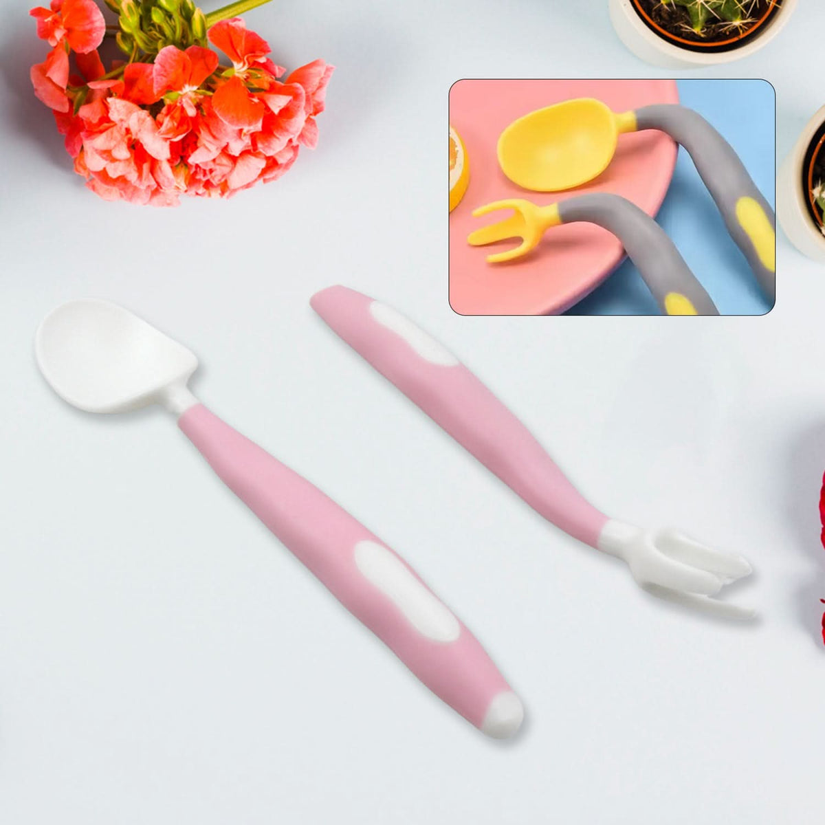 Silicone Bendable Baby Spoon & Fork Set (2 Pc) – Toddler Self-Feeding Utensils with Travel Case HP DD