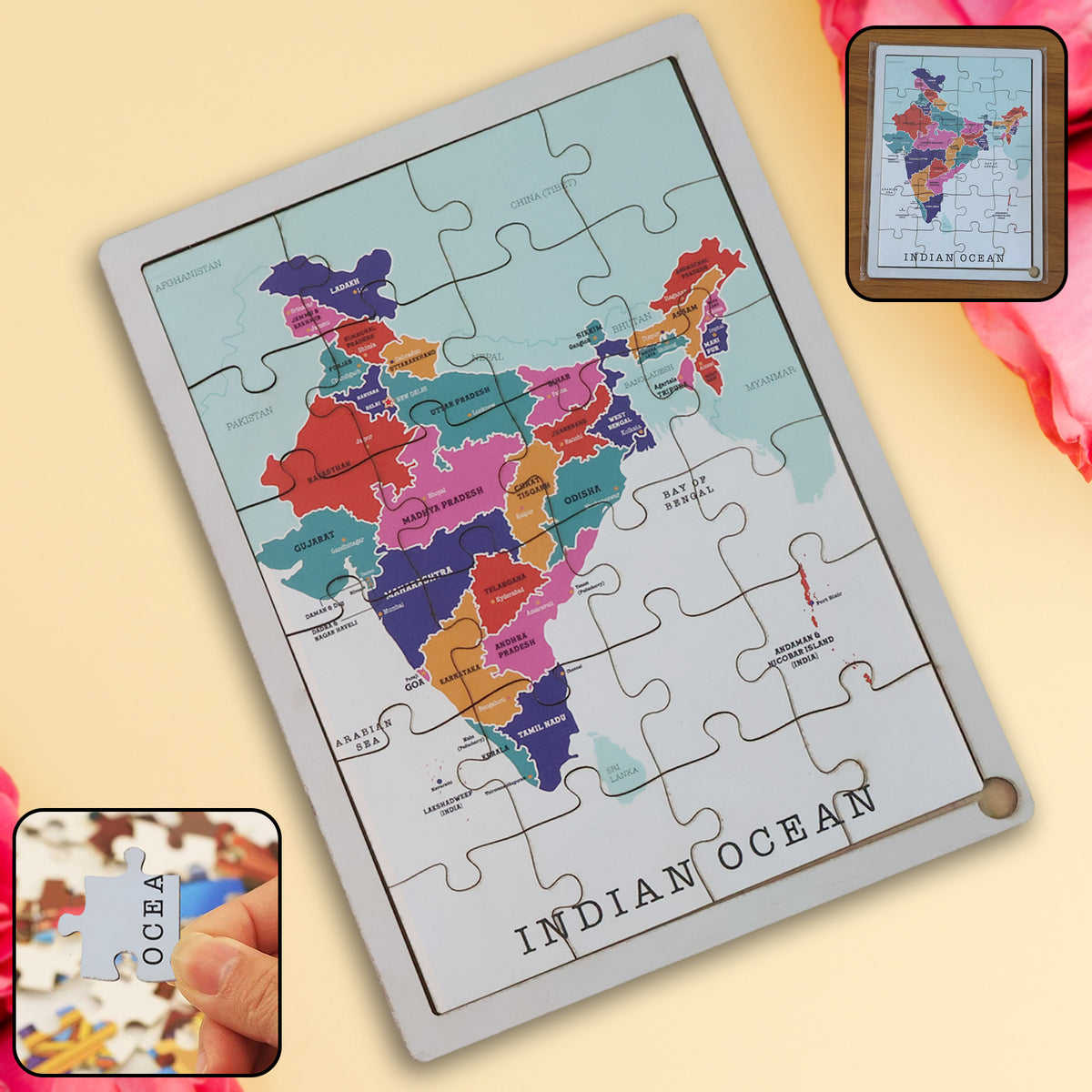 Educational Wooden India Map Puzzle – States & Union Territories Labeled Learning Tray for Kids- (1 Set)
