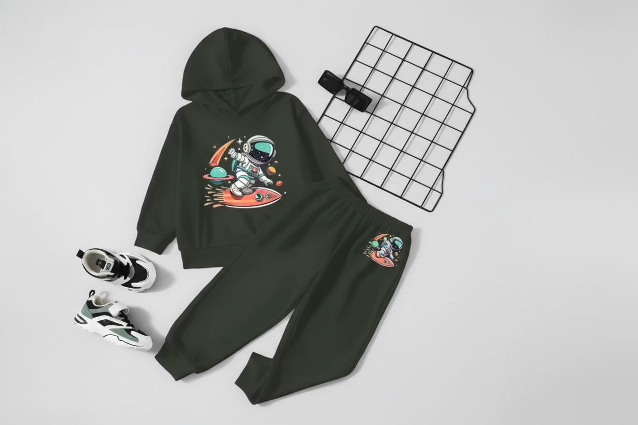 Kids Hooded Sweatshirt & Jogger Set – Astronaut Space Surf Print Casual Wear (Green) Luck Fashion