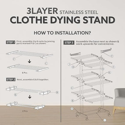 3-tier Foldable Stainless Steel Cloth Drying Stand With Wheels